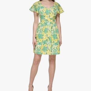 Kensie Yellow and Green Ruffled Smocked Sundress